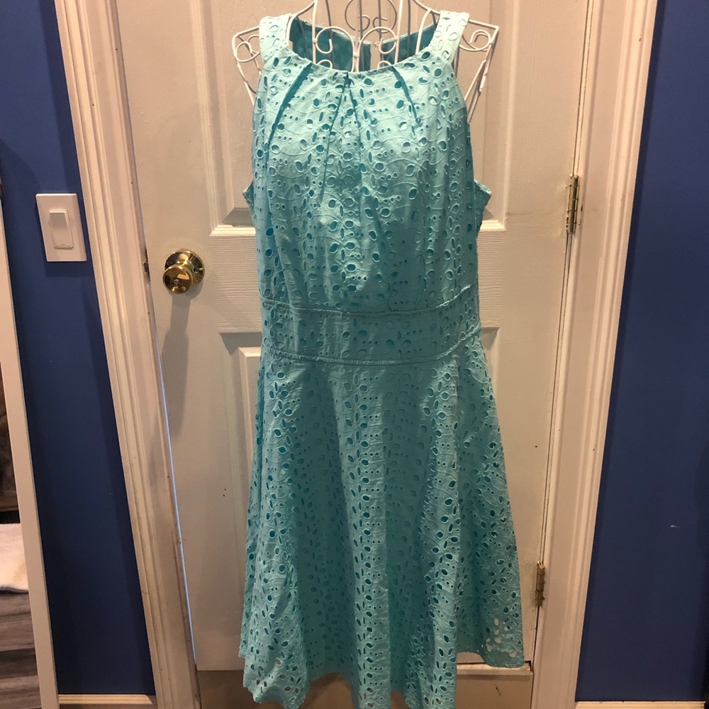 Blue Eyelet Halter Neck Sleeveless Full Inner Lining Dress for Women Size 14 US
